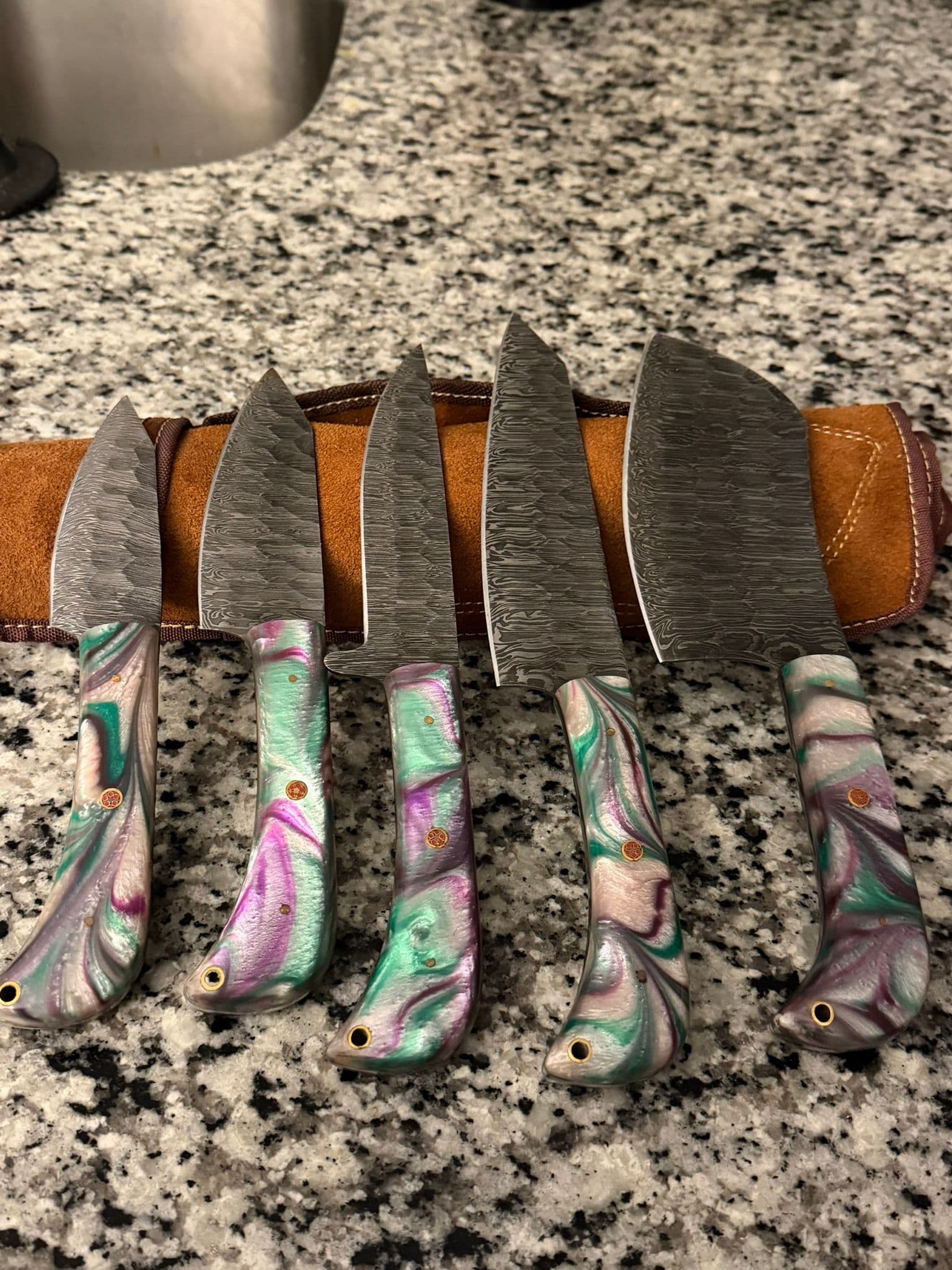 Aurora Damascus Chef's Knife – Purple Pink Resin Handle