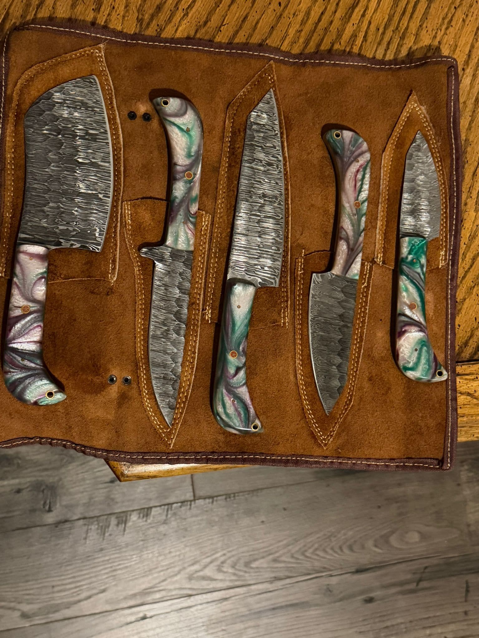 Aurora Damascus Petty Knife – Cosmic Purple Resin Handle