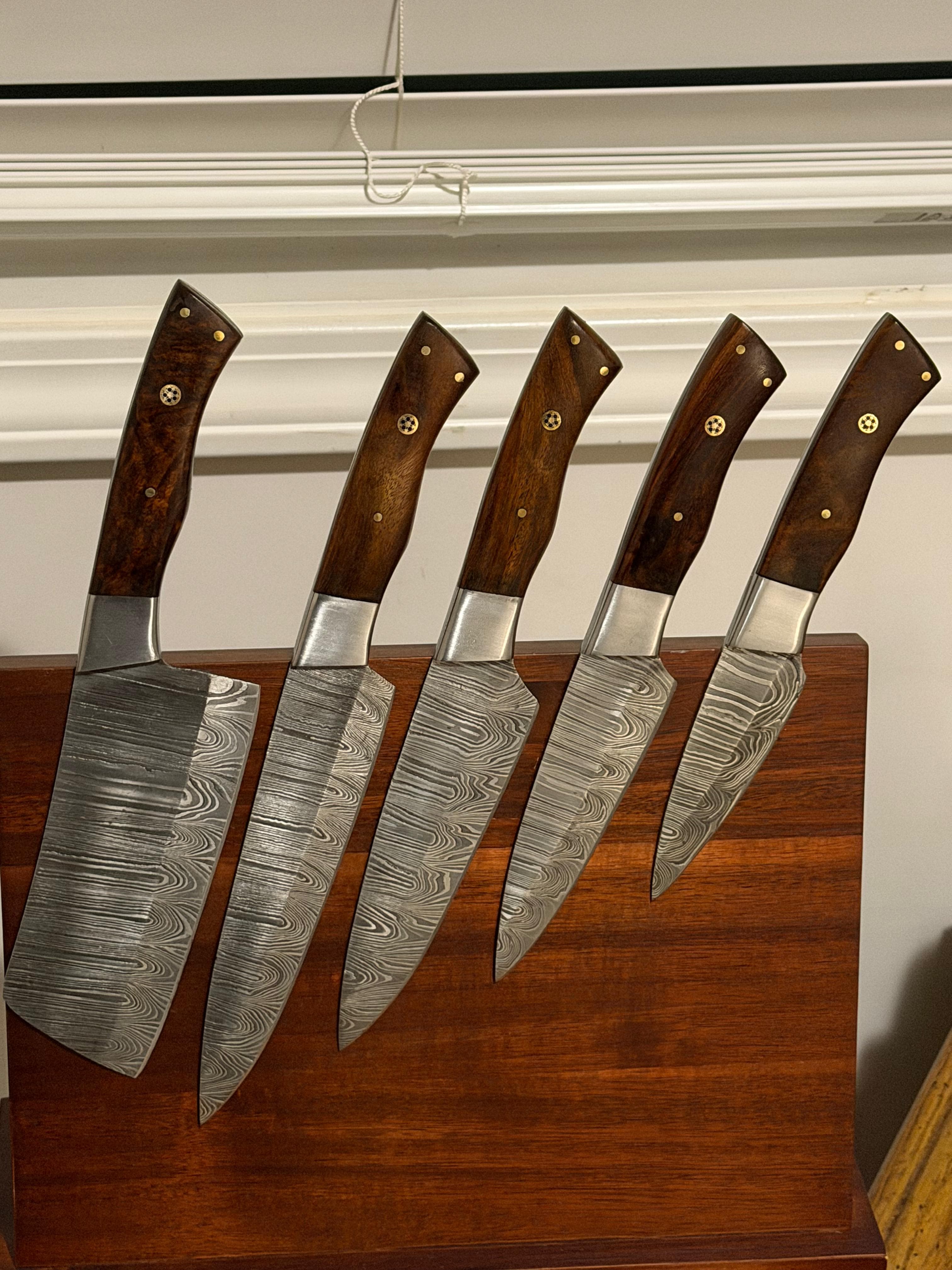 Heritage 5-Piece Damascus Set – Dark Walnut & Leather Roll